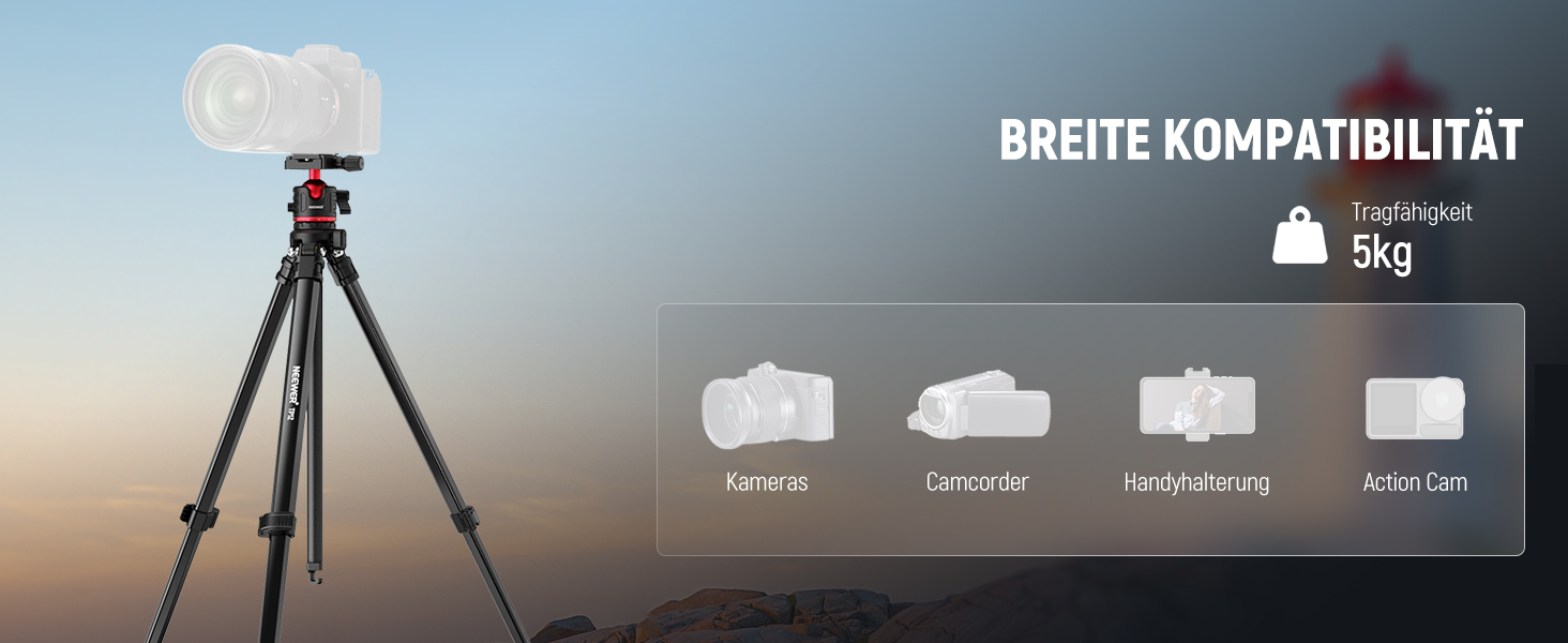 NEEWER Штатив для камери 169см, легкий, з кульковою головкою, Arca тип, тримач для телефону, максимальне навантаження 11lb, TP12