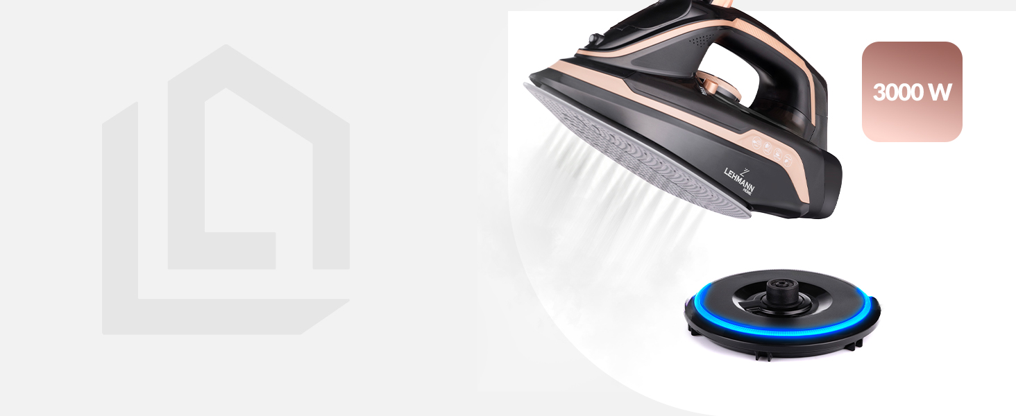 Парове прасування LEHMANN бездротове з базою для зарядки, регулювання температури та 5 програм, керамічна підошва, вертикальний пар, автовимкнення, чорний/рожеве золото