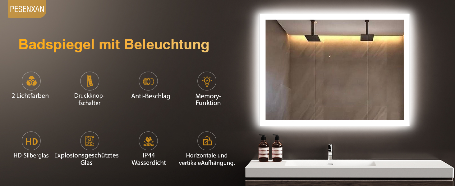 Дзеркало для ванної кімнати з підсвічуванням 50x70 см, LED, антизапарник, 2 кольори світла (3000K/6500K), прямокутне, горизонтальне/вертикальне, без рами