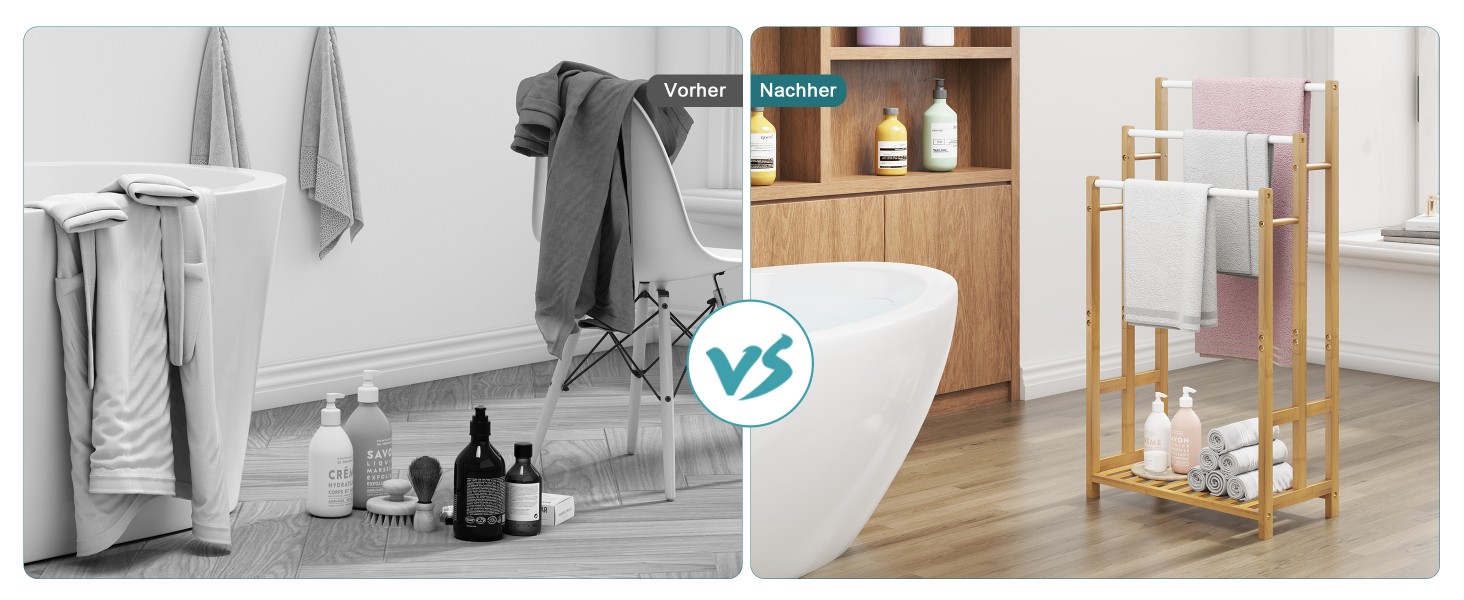 Підставка для рушників Dripex з бамбука, 96 см, з 3 нержавіючими стійками та полицею для ванної кімнати