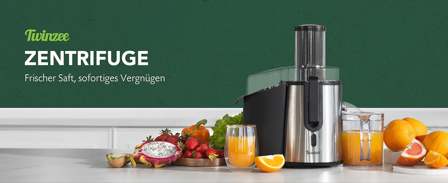Електричний соковитискач Twinzee 850 W для овочів та фруктів – соковитискач з 2 швидкостями та великим завантажувальним отвором (75 мм)