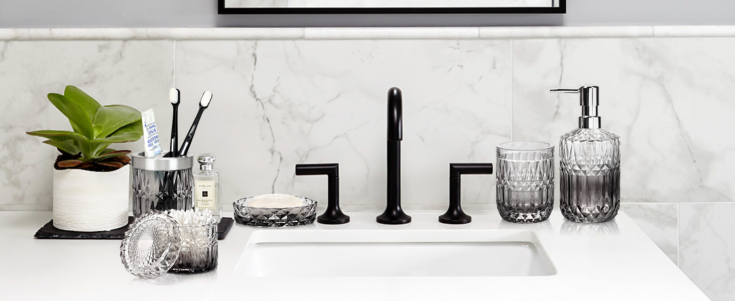 Набір аксесуарів для ванної кімнати зі скла, 5 шт. (мильниця, дозатор мила, стакан, тримач для зубних щіток, контейнер для ватних паличок), чорний