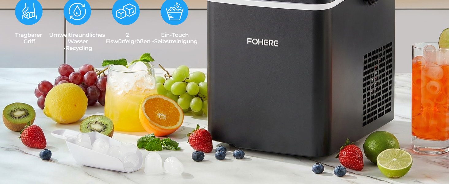 Машина для приготування льоду FOHERE з ручкою, 14 кг/24 год, 9 кубиків льоду за 5 хвилин, 2 розміри, самоочищення, портативна з лопаткою та кошиком – ідеальна для дому, кухні, офісу, кемпінгу, вечірки, RV
