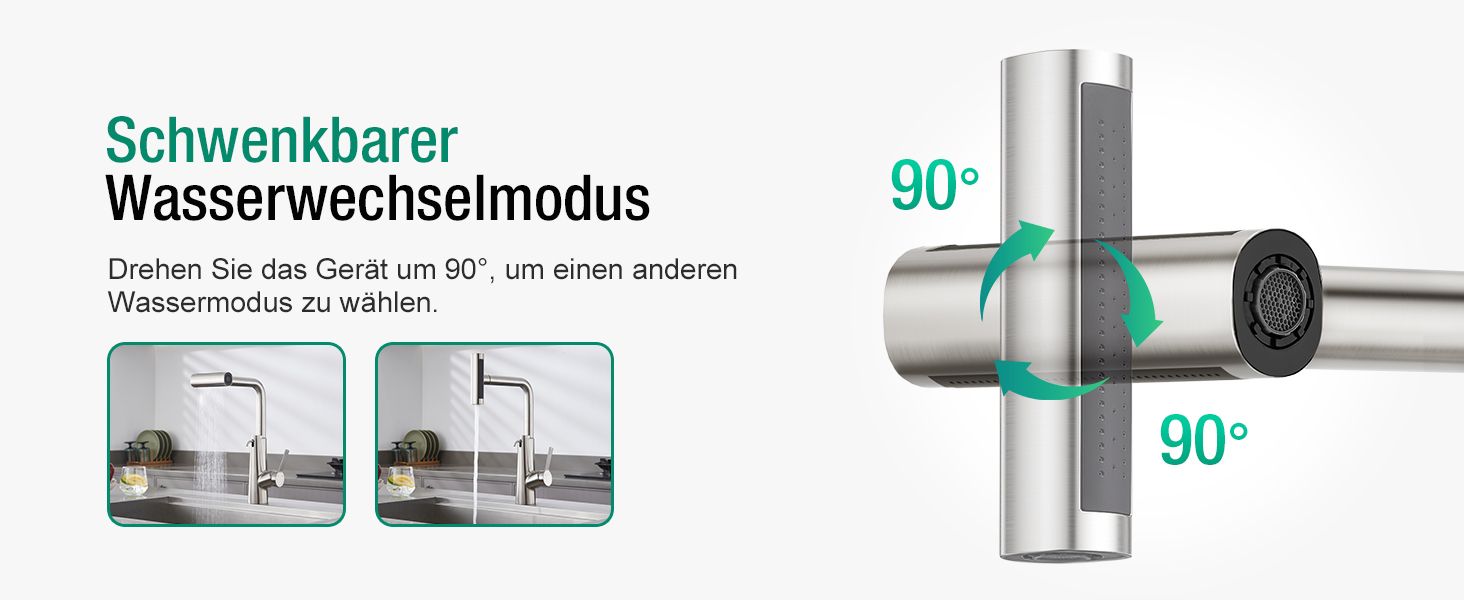 Змішувач для кухні CREA Wasserfall з висувною лійкою, нержавіюча сталь, з дозатором мила, поворотний на 360°, 4 режими струменя, водоспадний ефект