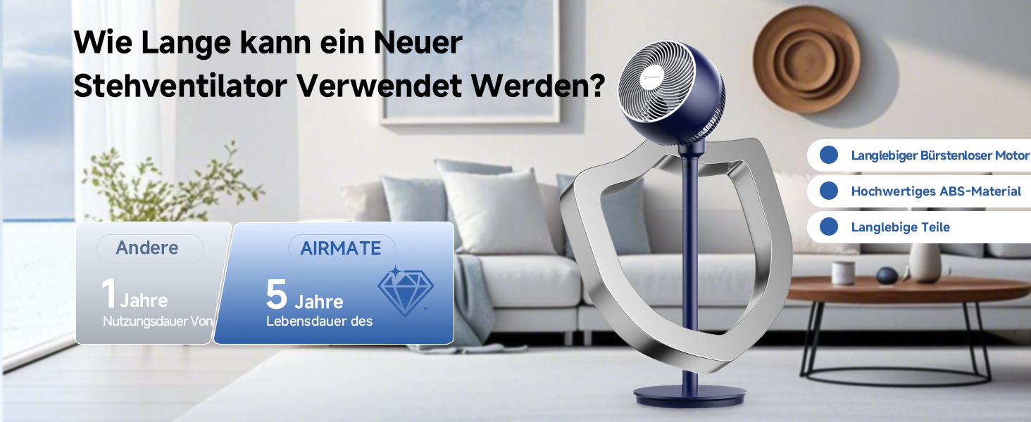 Вентилятор AIRMATE 25dB з підставкою, тихий, висока потужність 26 м, 1600 м³/год, регульована висота, з пультом керування, 3 режими/12 швидкостей/12 таймер