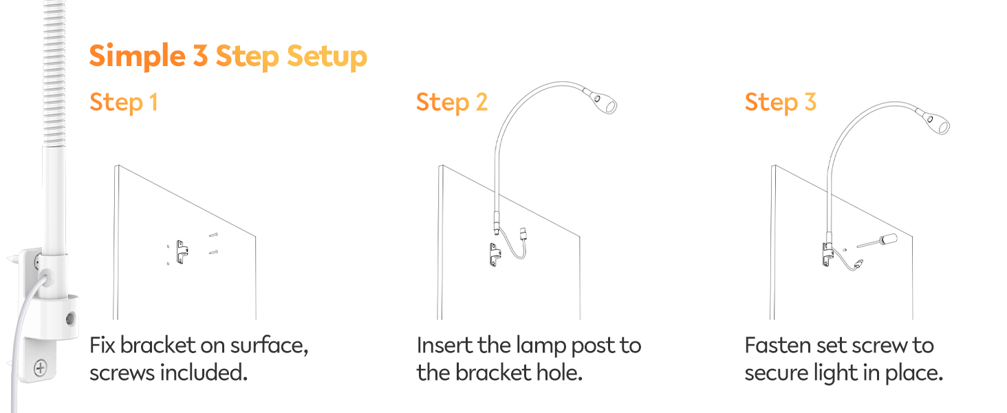 Світлодіодна настільна лампа Acegoo для читання з гнучким регульованим кронштейном (білий). Лампа для ліжка, настінна, диммована, 3000K, поворотна головка для спальні та книг.