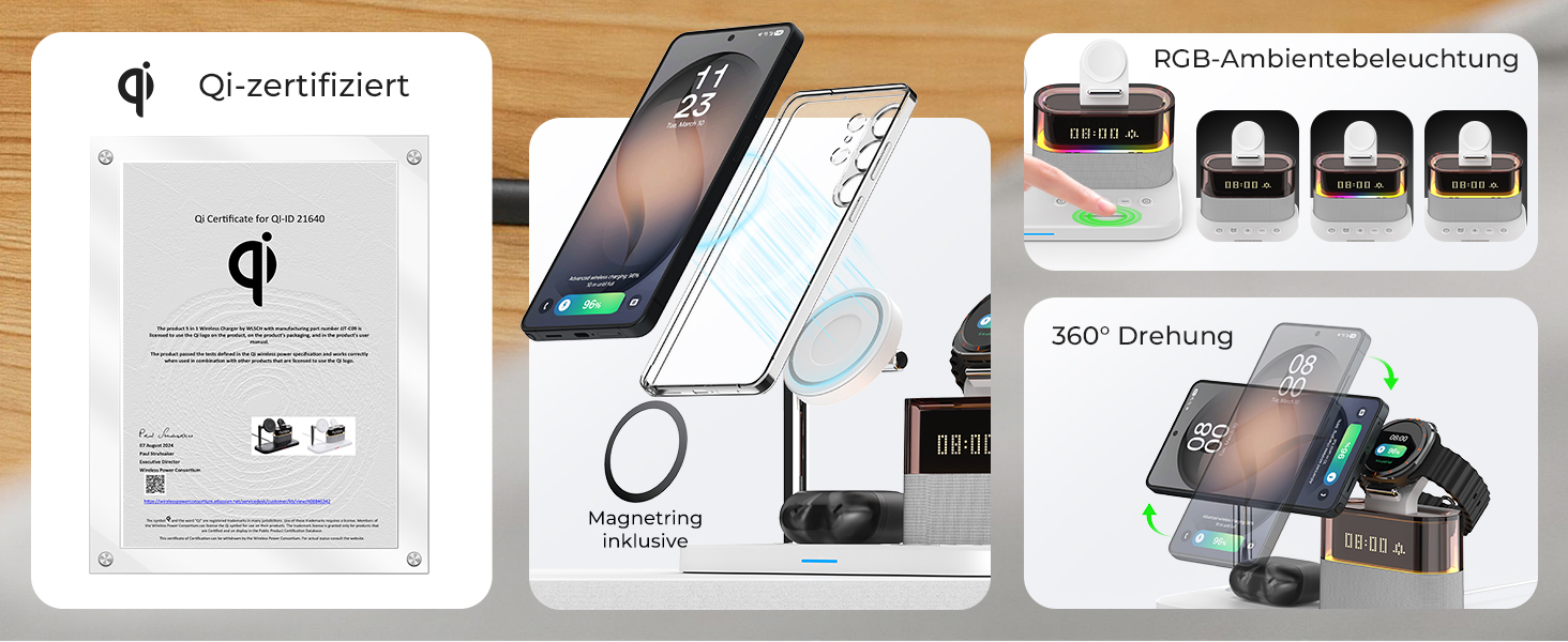 Бездротова зарядка 3-в-1 для Samsung Galaxy S25/S24/S23/S22 з магнітним кільцем, швидка зарядка з годинником та нічником, біла