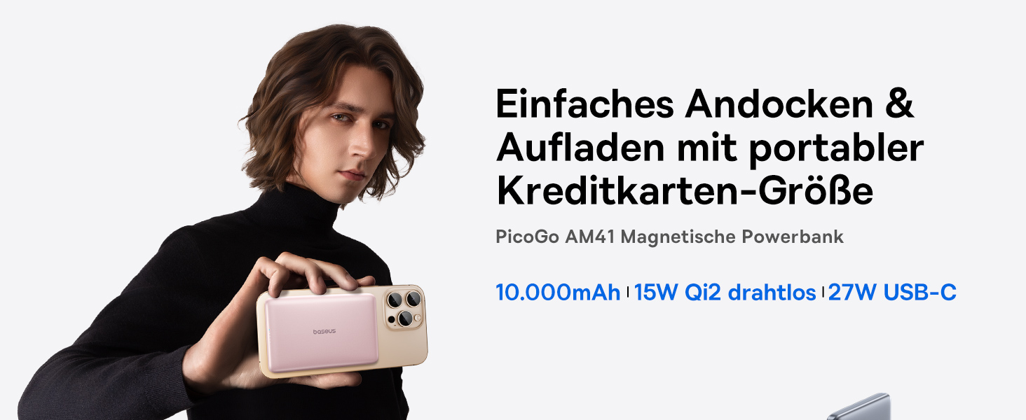 Power Bank Baseus Picogo AM41: 10000mAh, Qi2 Magsafe, 27W PD, бездротова зарядка, рожевий