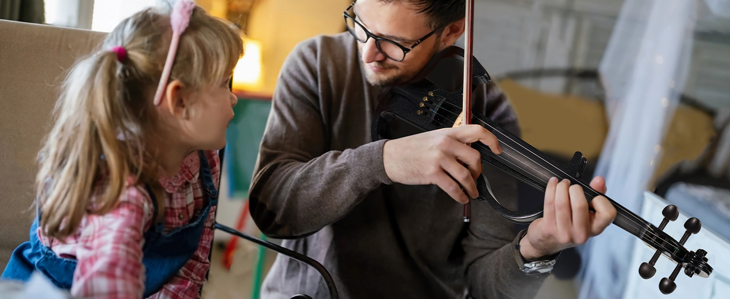 Електрична скрипка Vangoa 4/4 з цільного дерева, повного розміру, з усіма аксесуарами (колінь, чохол, кабель, підставка, смычок)