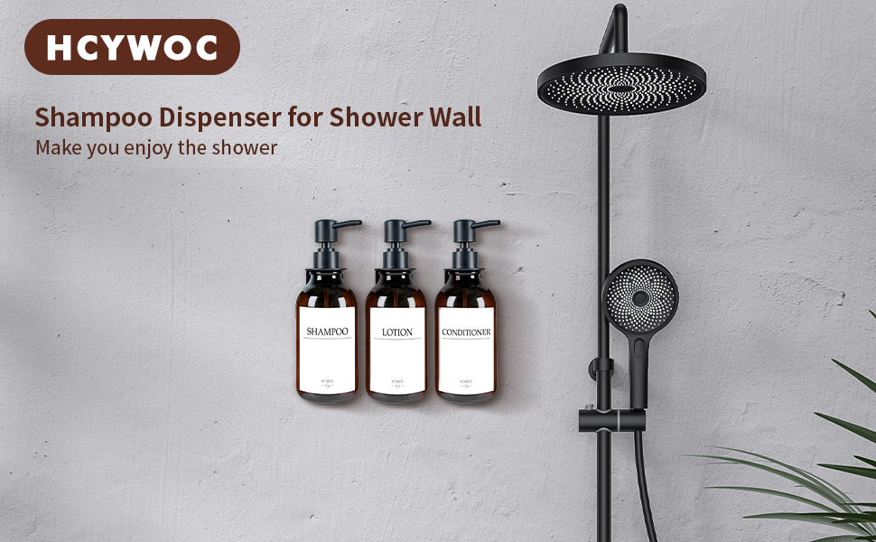 Набір дозаторів для мила та шампуню на стіну, 500 мл, 3 шт. з етикетками, без свердління, для ванної кімнати, янтарно-коричневий, чорний насос