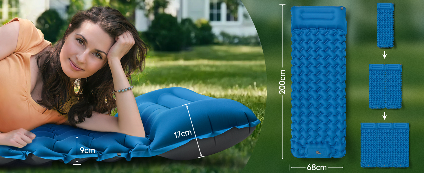 Надувний килимок для кемпінгу Isomatte 9 см, 200x68 см, з подушкою, водонепроникний, синій - для туризму, пляжу, намету