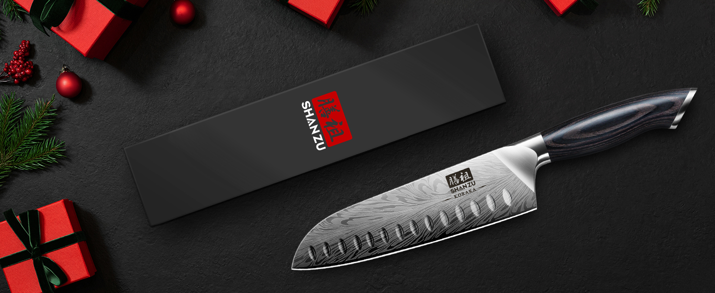 Японський ніж SHAN ZU Santoku 18 см з пудрованої сталі для професійної кухні, з ергономічною ручкою з паккавуда