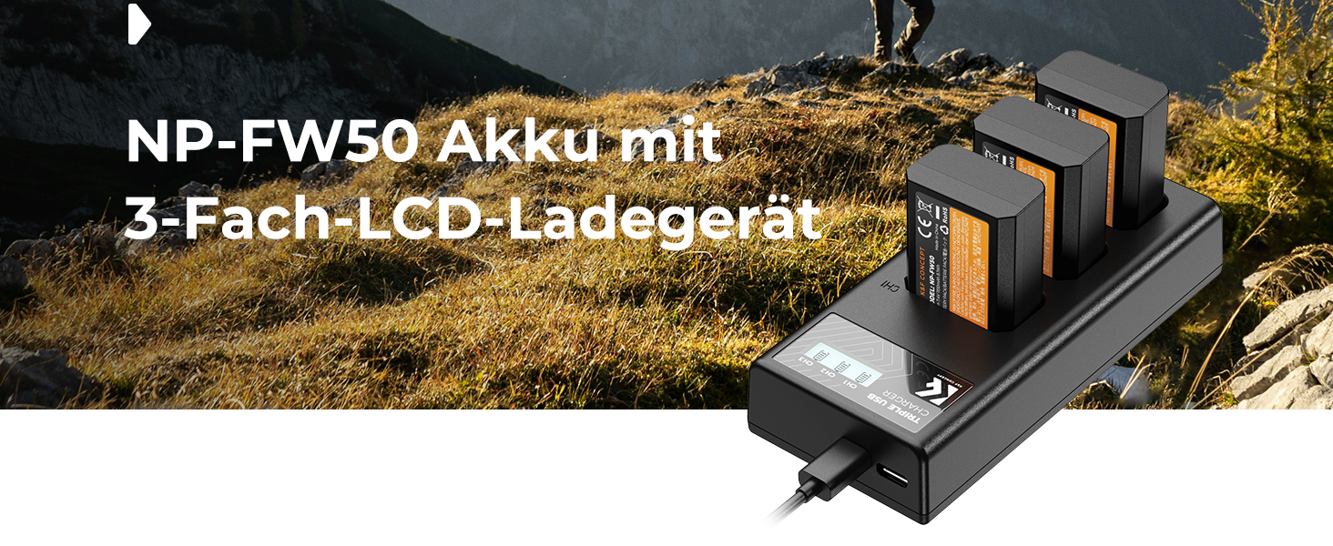 Акумулятор K&F Concept NP-FW50 1100mAh (3 шт.) з трьохслотним LCD зарядним пристроєм для Sony ZV-E10, Alpha A6000, A6300, A6400, A6500, A5000, A5100, a7, a7II, a7R, a7RII, a7S, a7SII
