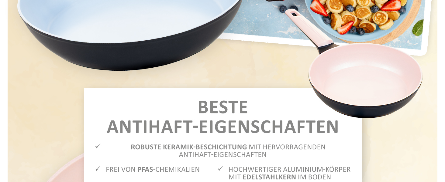 Набір сковорідок Genius Cerafit Trend Pastell Edition (3 шт.): 20 см, 24 см, 28 см. Покриття Cerafit, підходить для індукції, для смаження м'яса, овочів, панкейків та крепів.