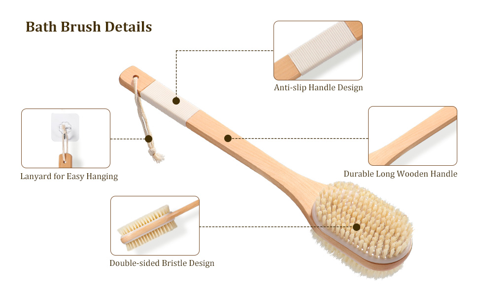 Щітка для спини з довгою ручкою, 43 см: для душу, ванни, видалення відмерлої шкіри, целюліту, покращення лімфодренажу