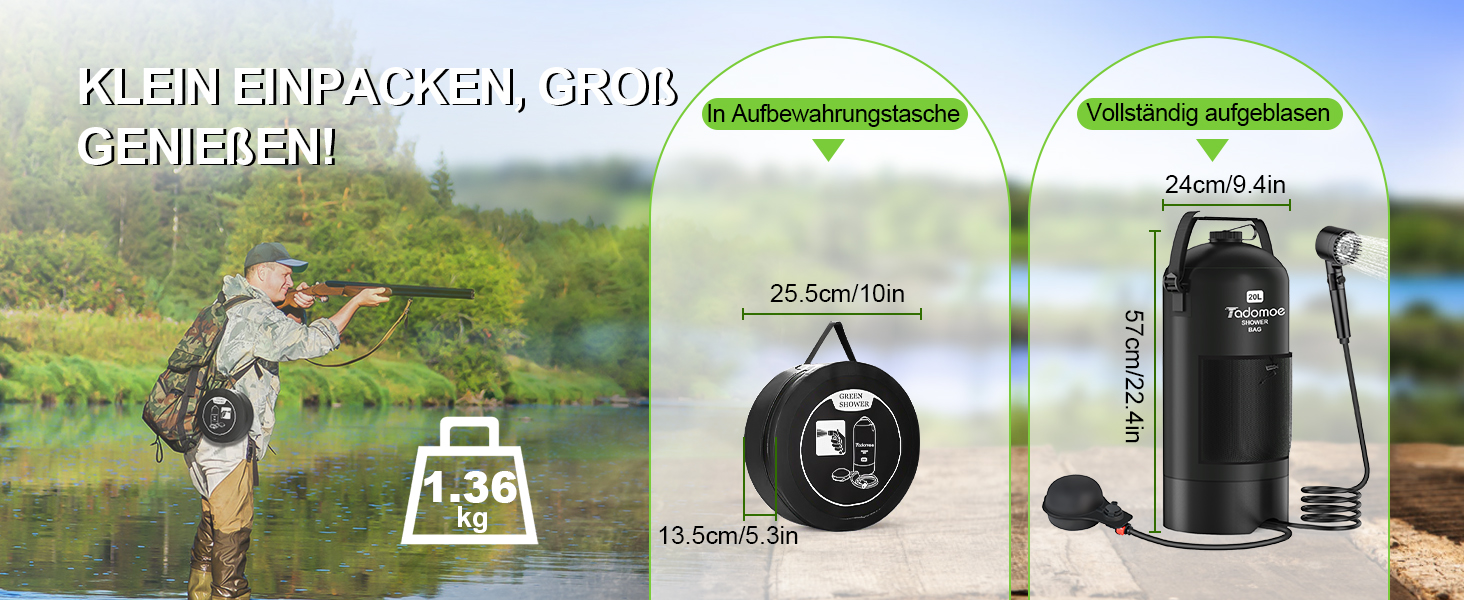 Сонячний душ для кемпінгу на 20 літрів з насосом, сумка та душ для відпочинку, подорожей та кемпінгу (чорний)
