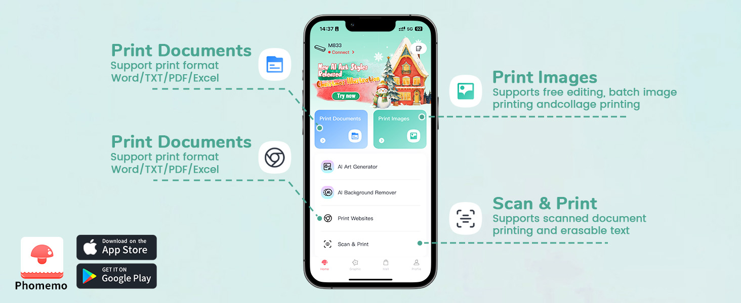 Термодрук Phomemo M834 A4: мобільний принтер для офісу, дому та школи, сумісний зі смартфонами та комп'ютерами