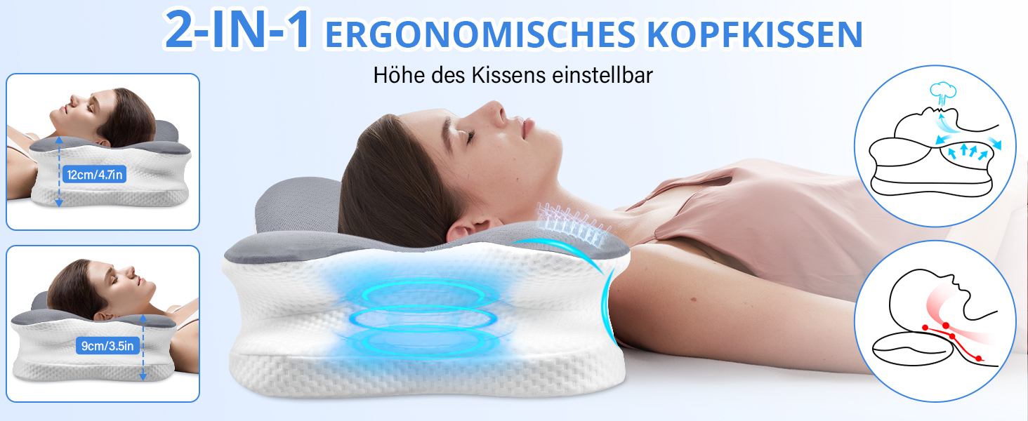 Подушка для шиї Ehomfory з піни Memory Foam, ергономічна для сну на боці, спині та животі, 67x37x9/12 см, сіра