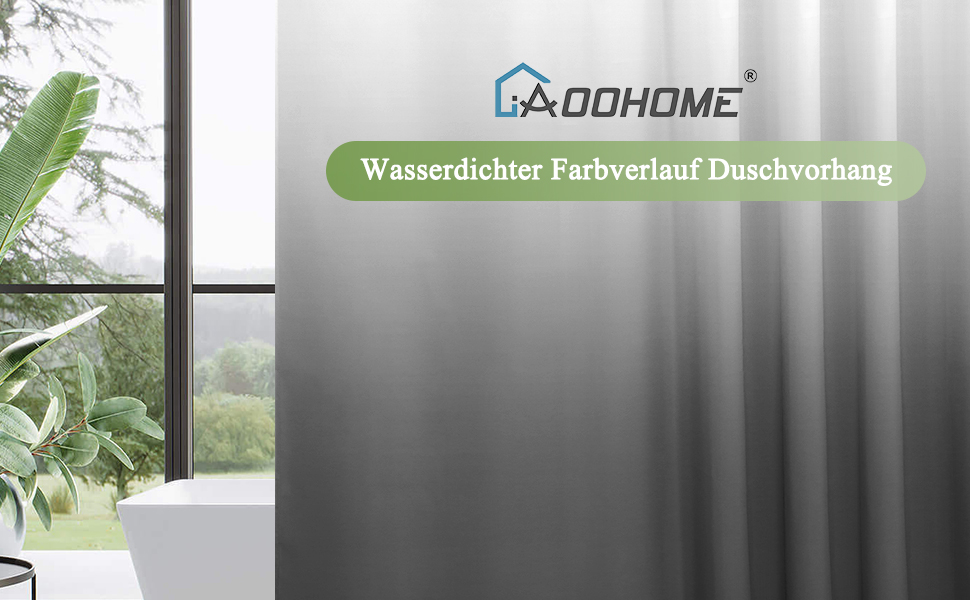 Шторка для душу AooHome 180x200 см, текстиль, сіра. Водостійка, з градієнтом кольору, антигрибкова, з 12 кільцями. Підходить для ванної кімнати.