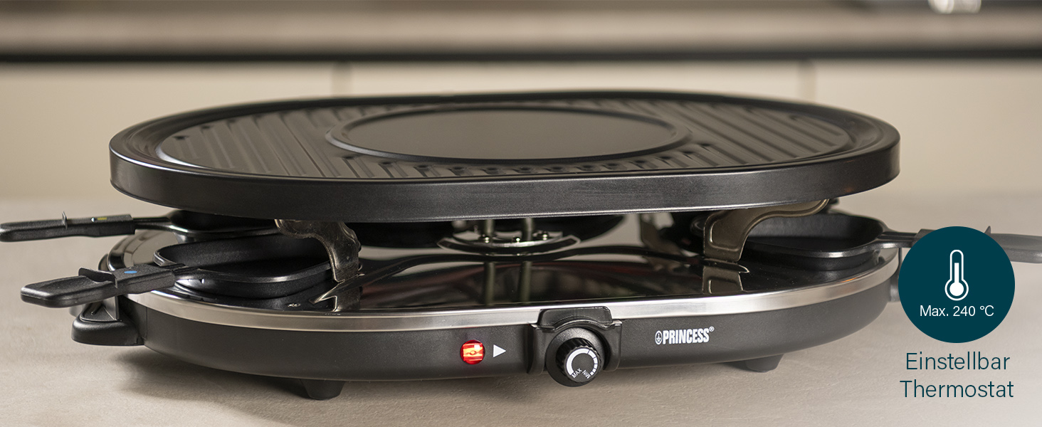 Електричний гриль Princess Raclette 8 панелей, овальний, 1200 Вт, багатофункціональна пластина з секцією для млинців, 42x30 см, чорний, нержавіюча сталь