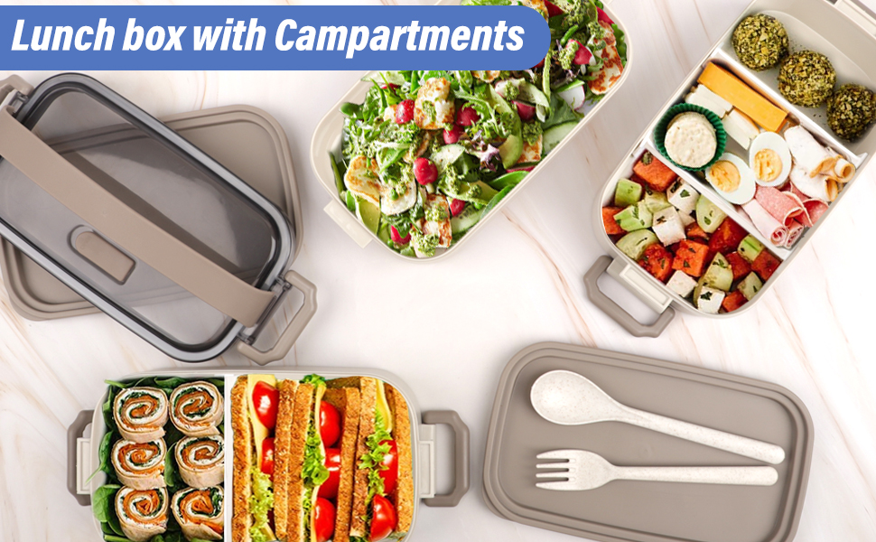 Ланчбокс Brotdose 3-х ярусний на 2200 мл з посудом, для дорослих, без BPA, підходить для мікрохвильової печі, бежевий