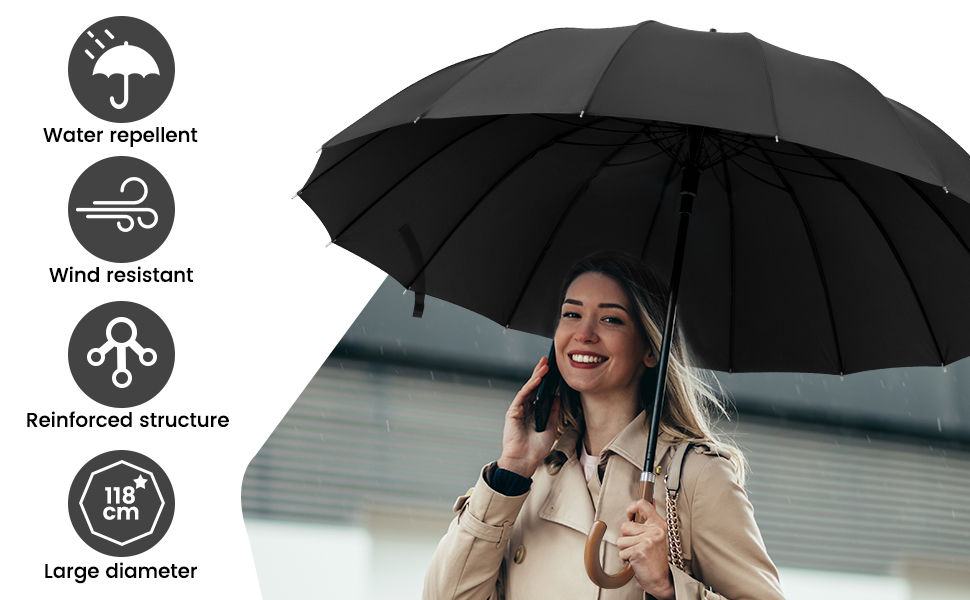 NINEMAX Large Windproof Umbrella - Wooden Handle Stick Umbrella for Men & Women - 16 Ribs Automatic Open - Double Layer Black