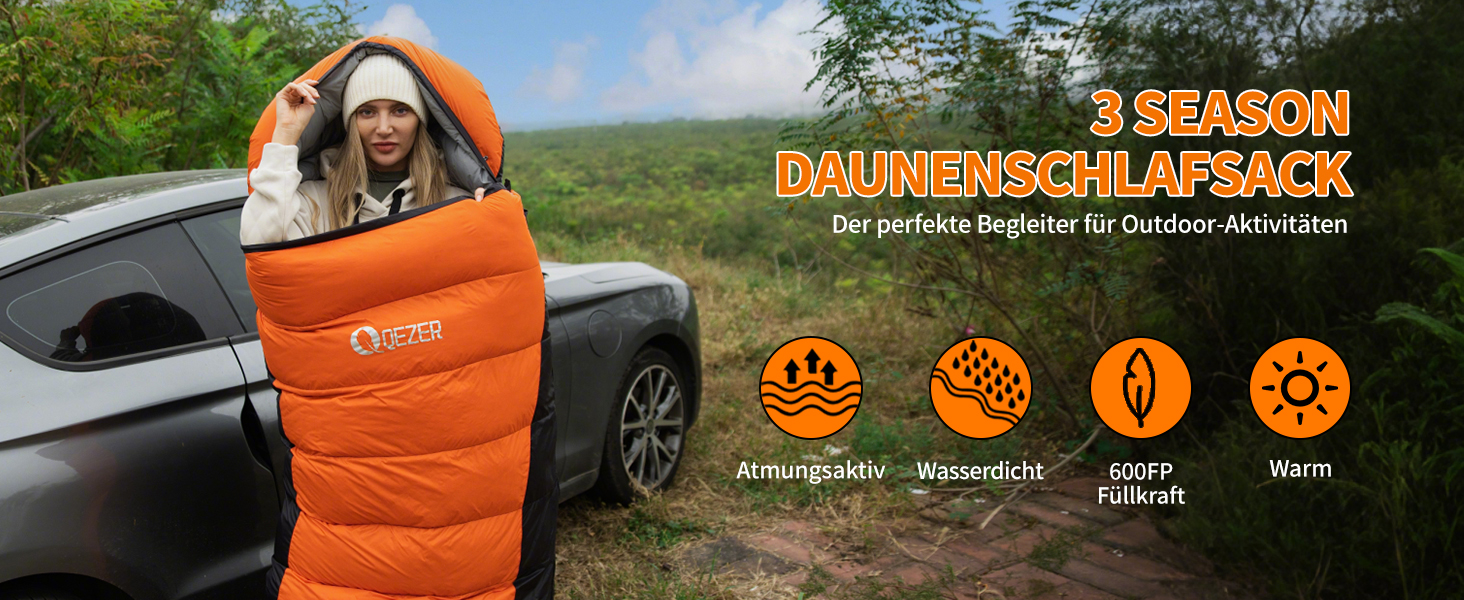 Спальний мішок пуховий зимовий, 600FP+ Premium, 12°C до -24°C, 3-4 сезони, для кемпінгу, трекінгу, походів, оранжевий