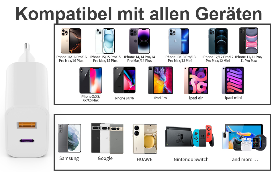 Зарядний пристрій USB-C 25W з адаптером USB [2 в 1] (2 шт.) для iPhone/iPad/навушників/телефону. Мережевий адаптер, багатофункціональний зарядний пристрій, підтримка PD 3.0, швидка зарядка, білий. Без кабелю.