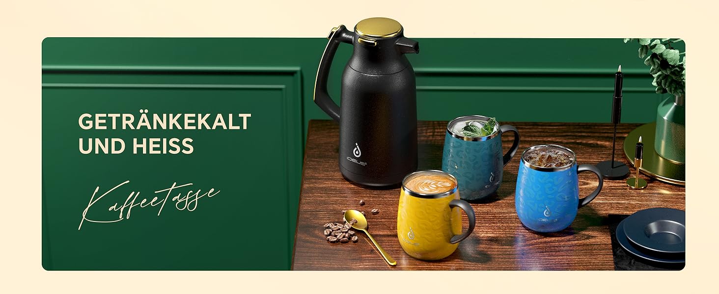 Кружка для кави та чаю Ideus 470 мл з подвійними стінками, з нержавіючої сталі, з нековзким ручним тримачем та кришкою-ковзаючою панеллю, великий об'єм (Трав'яний зелений) (Леопардовий жовтий)