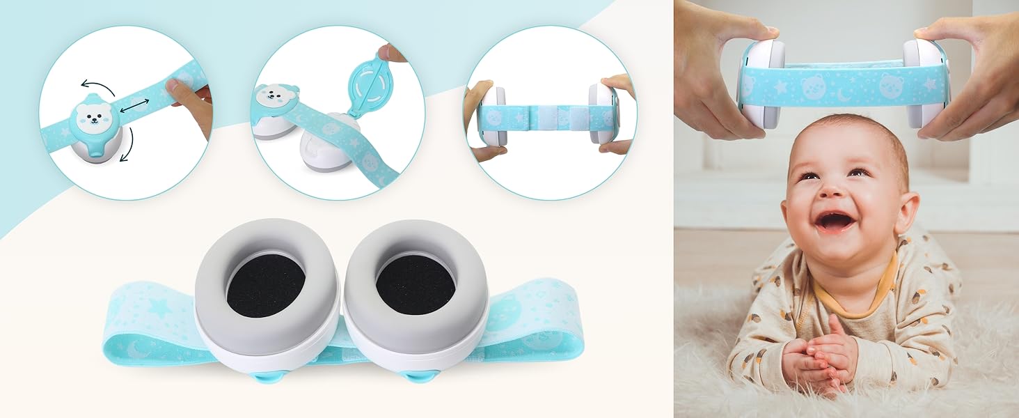 Захист вух для немовлят BELLEBEBE - 0-36 місяців, гіпоалергенний, BPA-free, сертифікований EN352-1, RoHS, CPC, регульоване наголов'я, сумка для перенесення (Азуль)