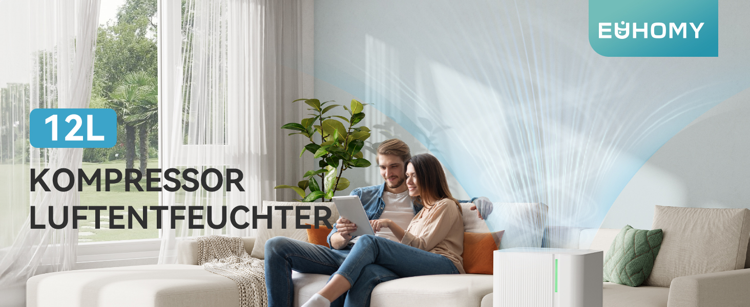 EUHOMY Електричний осушувач повітря 12л/24г, тихий та енергоефективний, з відведенням води, автоматичним розморожуванням, 3 режими, для квартири 25м²/122м³, спальні, підвалу
