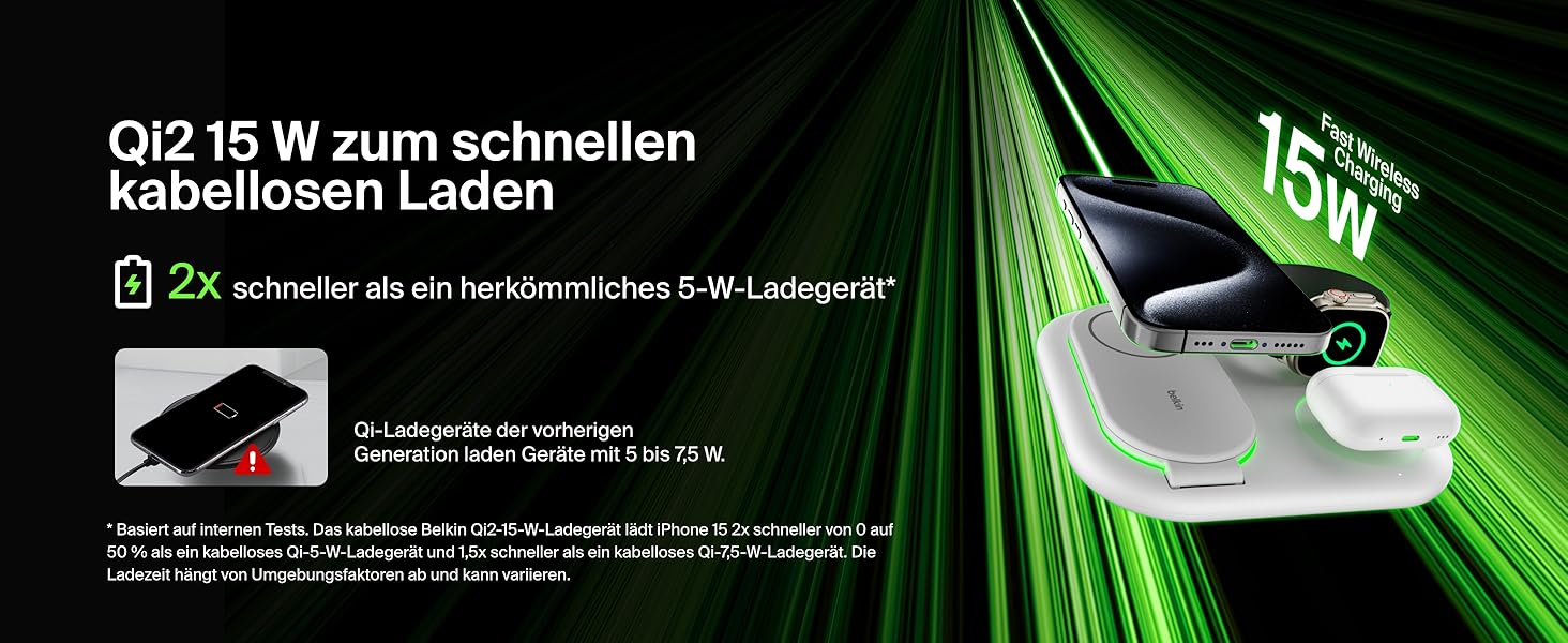 Зарядний пристрій Belkin BoostCharge 3-в-1 з підтримкою Qi2, 15 Вт, MagSafe, для iPhone, Apple Watch, AirPods