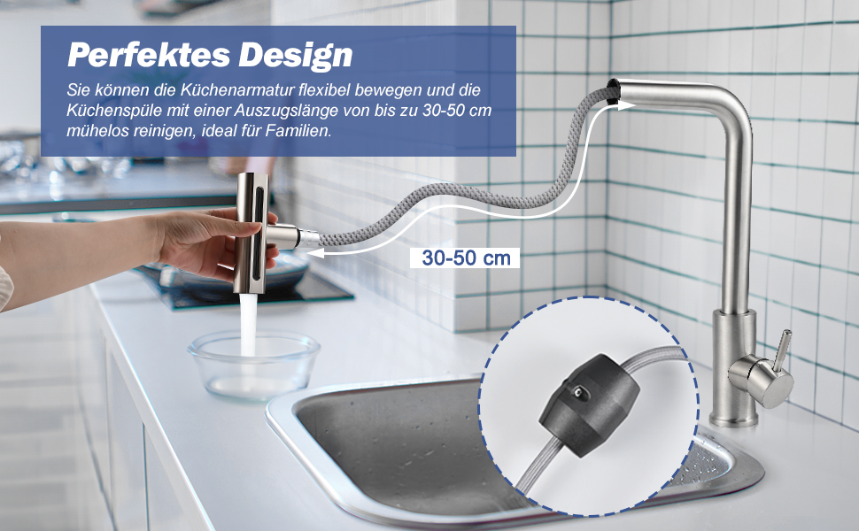 Кран кухонний висувний Cieex, 360° поворот, 4 режими, з душем, нержавіюча сталь, сріблястий