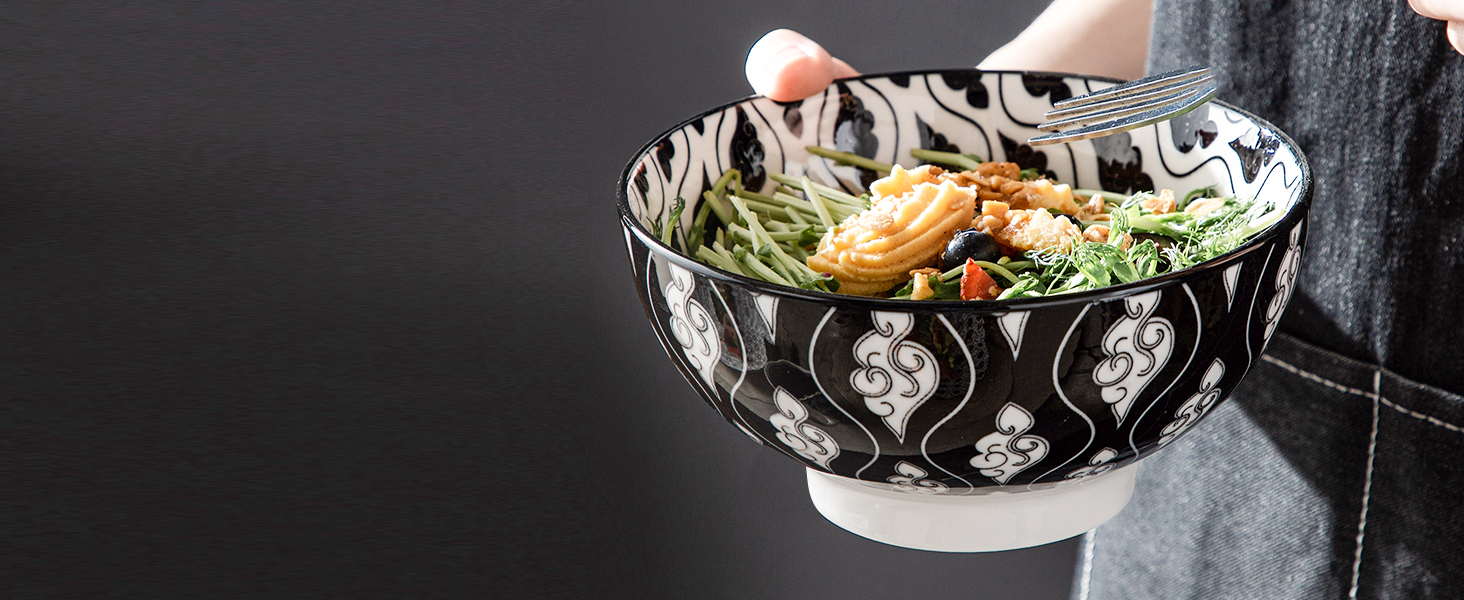 Набір посуду Vancasso Haruka 16 предметів: тарілки для їжі (26.5 см), десертні тарілки (21.5 см), миски для каші (15.2 см) та чашки (360 мл) чорного та кремового кольорів