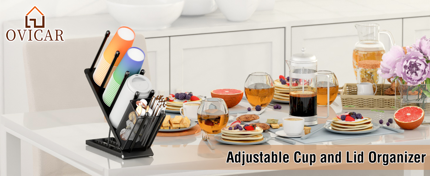 Ovicar Cup and Lid Holder – Adjustable Coffee Cup Holder, Organizer, 4 Compartments, Disposable Cup Dispenser with Coffee Capsule Straws, Storage Basket for Coffee Station, Bar, Countertop