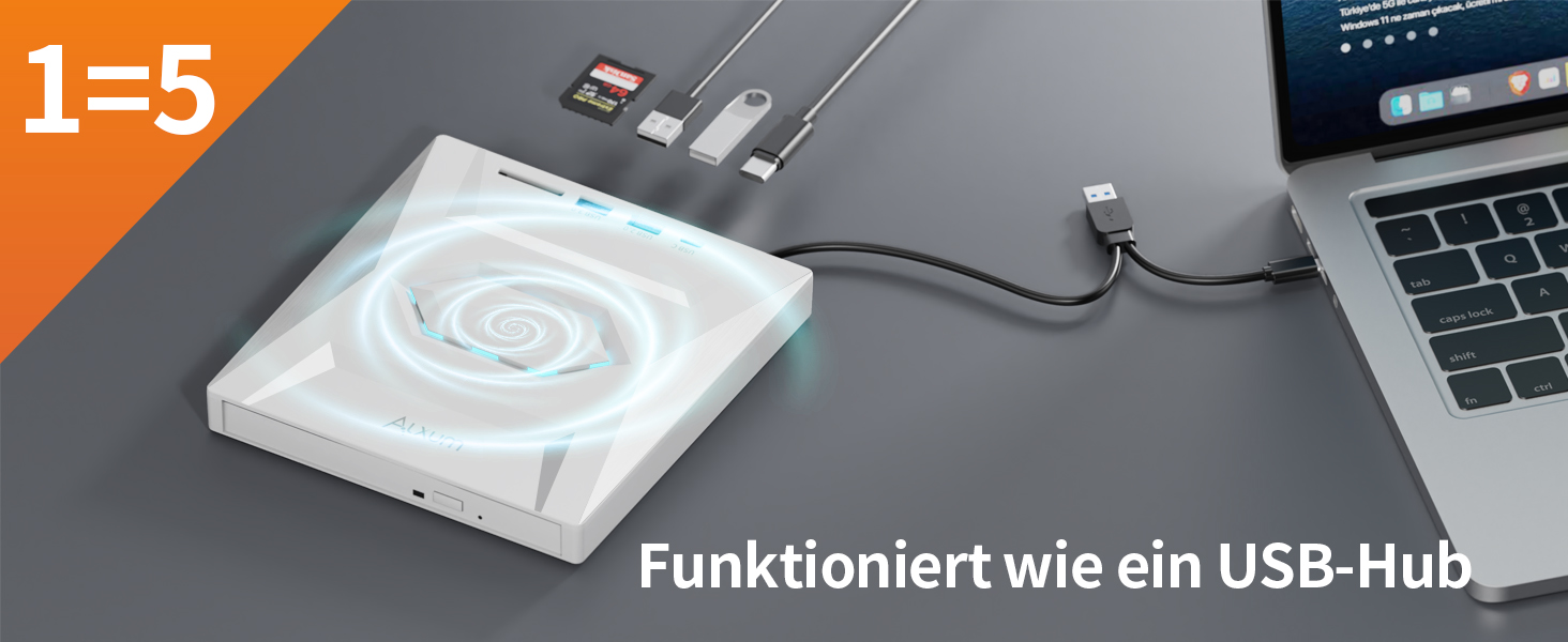 Зовнішній CD/DVD привід Alxum USB 3.0 з картридером SD/TF та додатковим USB-портом, білий