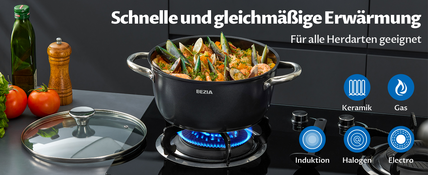 Набір посуду BEZIA індукційний 15 предметів: каструлі та сковороди з керамічним покриттям, кришки в комплекті, антипригарні, для всіх типів плит, без PFAS, легке очищення