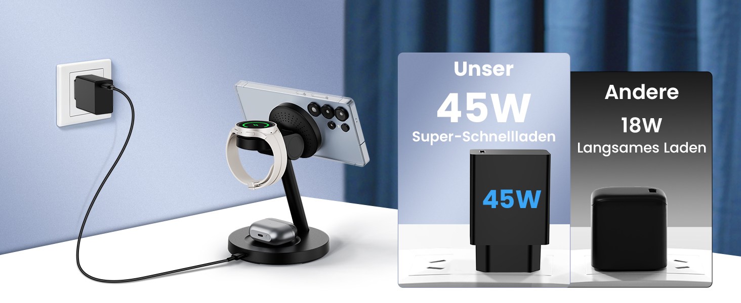 Зарядна станція JoyGeek 4-в-1 з магнітною індуктивною зарядкою 25W для Samsung Galaxy S26/S25/Ultra/Z Fold/Flip 7, бездротова зарядка для Galaxy Watch 8/5/Ultra та Buds 4/2/Pro (чорна)