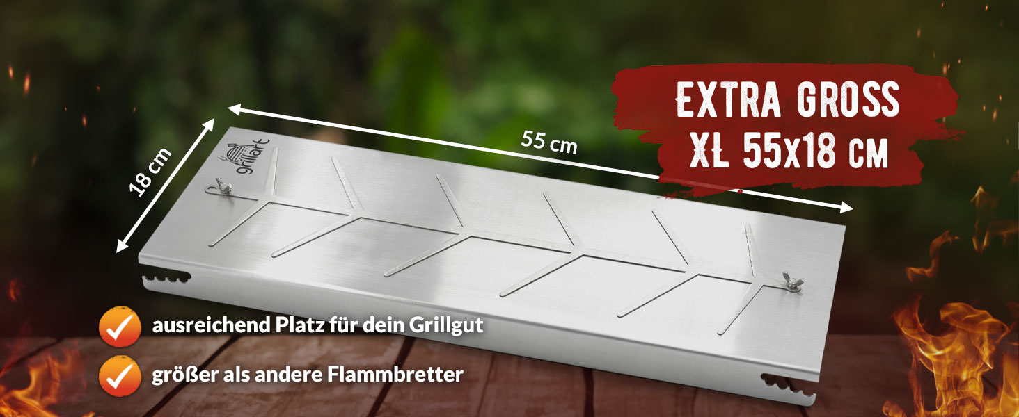 Grillart® XXL Преміум дошка для лосося з нержавіючої сталі – поворотна на 180° та з 5-позиційним регулюванням – для гриля та вогнища – міцна фурнітура для гриля – 55 см завдовжки та 18 см завширшки