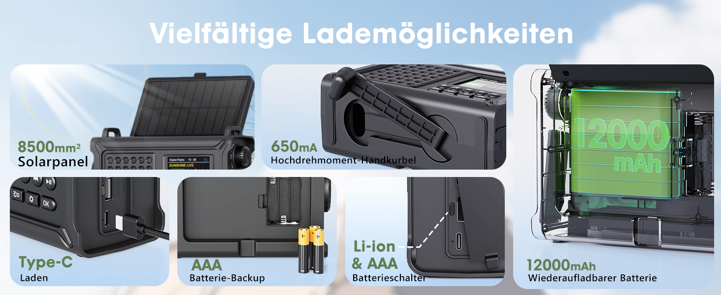 ROCAM Радіоприймач на ручку DAB+/UKW, портативне аварійне радіо з сонячною панеллю 8500 мм² та ручкою 650 мА, цифрове радіо з Bluetooth, 2.4' кольоровий дисплей, 80 станцій, SOS, LED ліхтарик, USB, IPX6 для кемпінгу, чорний