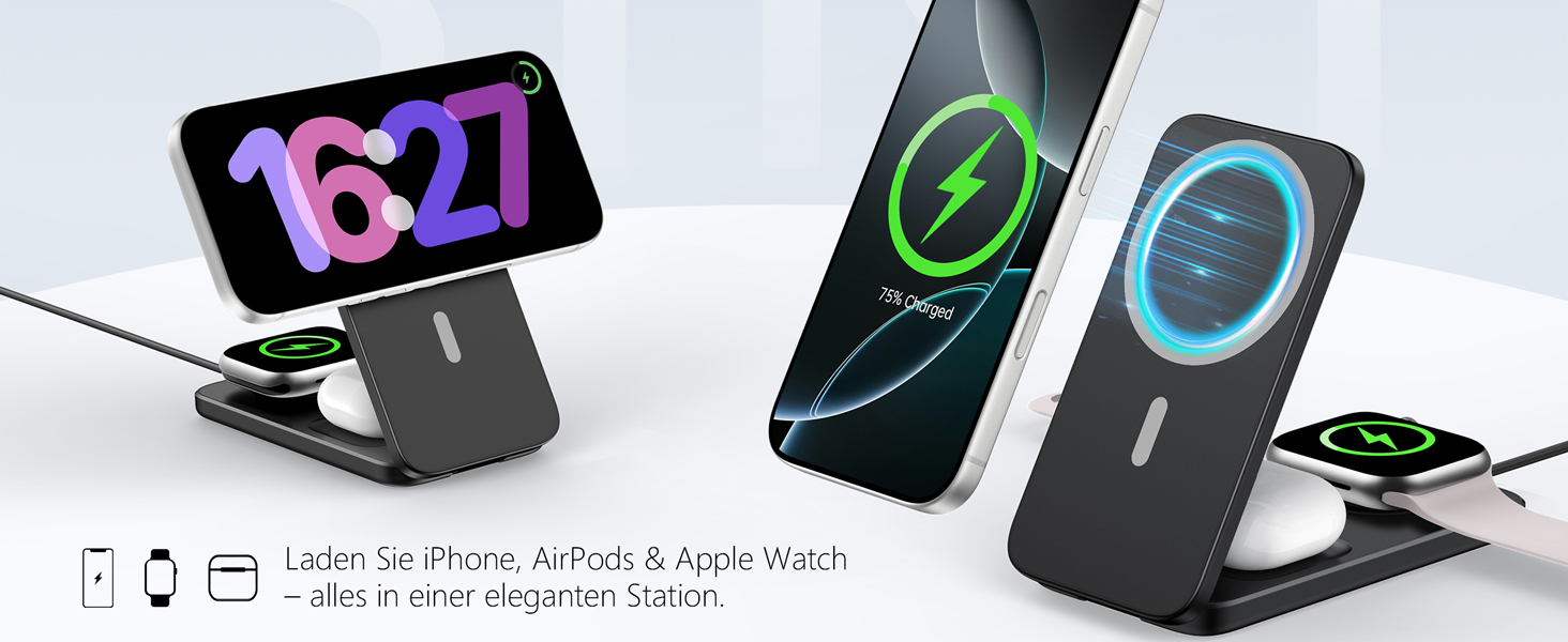 Магнітна зарядна станція 3-в-1 для Apple Watch, iPhone 17/16/15/14/13/12 та AirPods (Чорна) | MagSafe сумісна