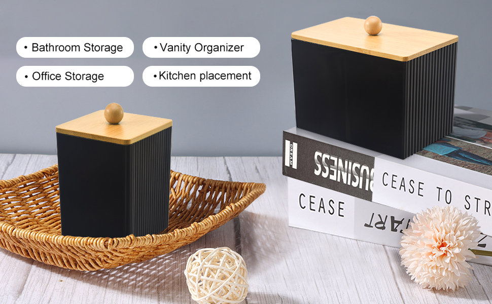 Диспенсер для ватних дисків та паличок з бамбуковим кришкою, органайзер для ватних виробів, чорний, для ванної кімнати