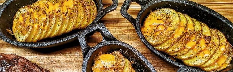 Набір овальних чавунних сковорідок BBQ-Toro 20x9,5 см, 6 шт, для гриля та сервірування, вже прожарені