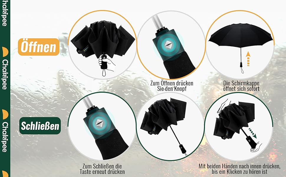 Чакіпі Чакіпі Kompakter Reise Regenschirm: Великий, стійкий до вітру, складаний парасоль для чоловіків та жінок, автоматичний, чорний, 105 см розмах