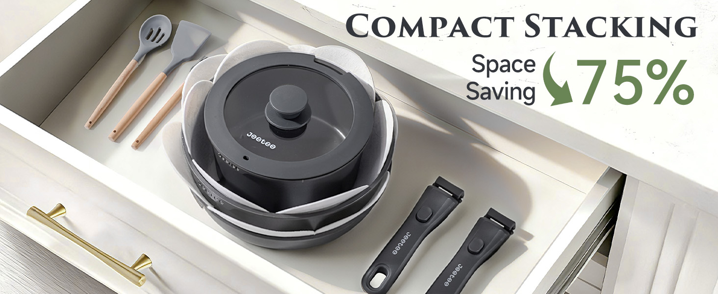 Набір посуду JEETEE 20 предметів з антипригарним титановим покриттям та знімною ручкою, для індукційних плит, з кришками, сірий