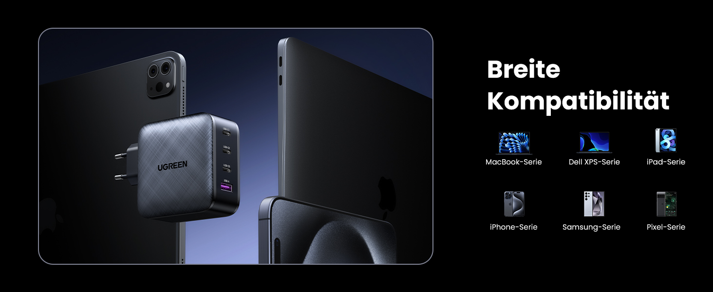 Зарядний пристрій UGREEN 65W USB-C GaN PD з 4 портами для MacBook, iPhone, iPad, Samsung