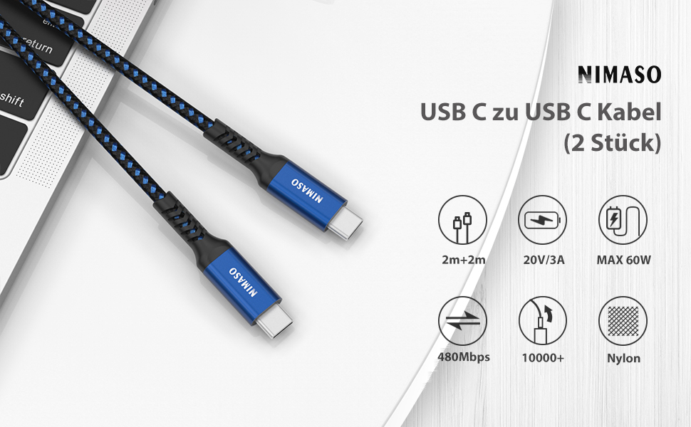 Кабель USB-C Nimaso [2 шт., 2м], 20V/3A/60W, для Samsung, Google Pixel, MacBook, iPad, iPhone, блакитний