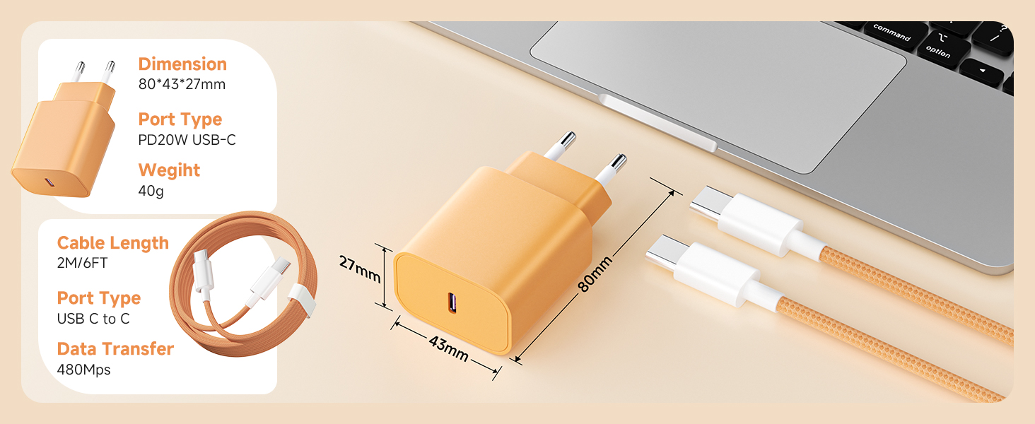 2x USB-C зарядний пристрій 20W + кабель USB-C 2м для iPhone 17/16/15, iPad Pro/Air - Помаранчевий