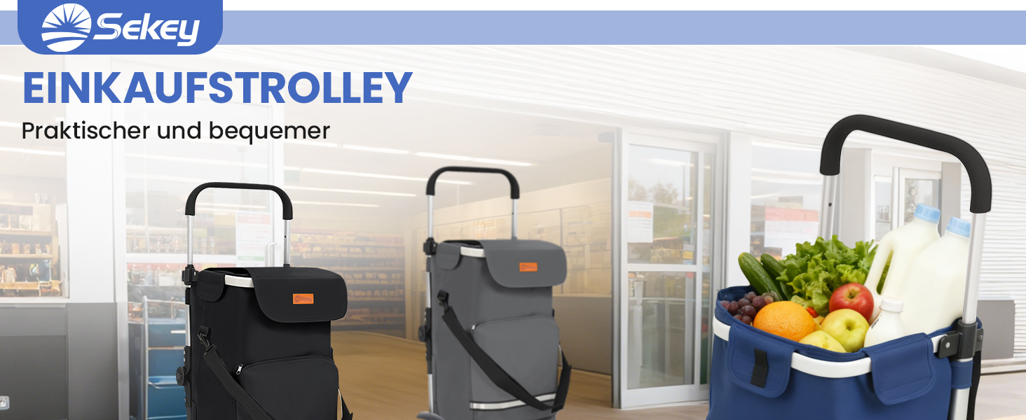 Тролей для покупок Sekey XXL з підйомником для сходин, 3 колеса, для кемпінгу та покупок, регульована ручка, алюміній 3-в-1, з відділенням для їжі та напоїв, чорний
