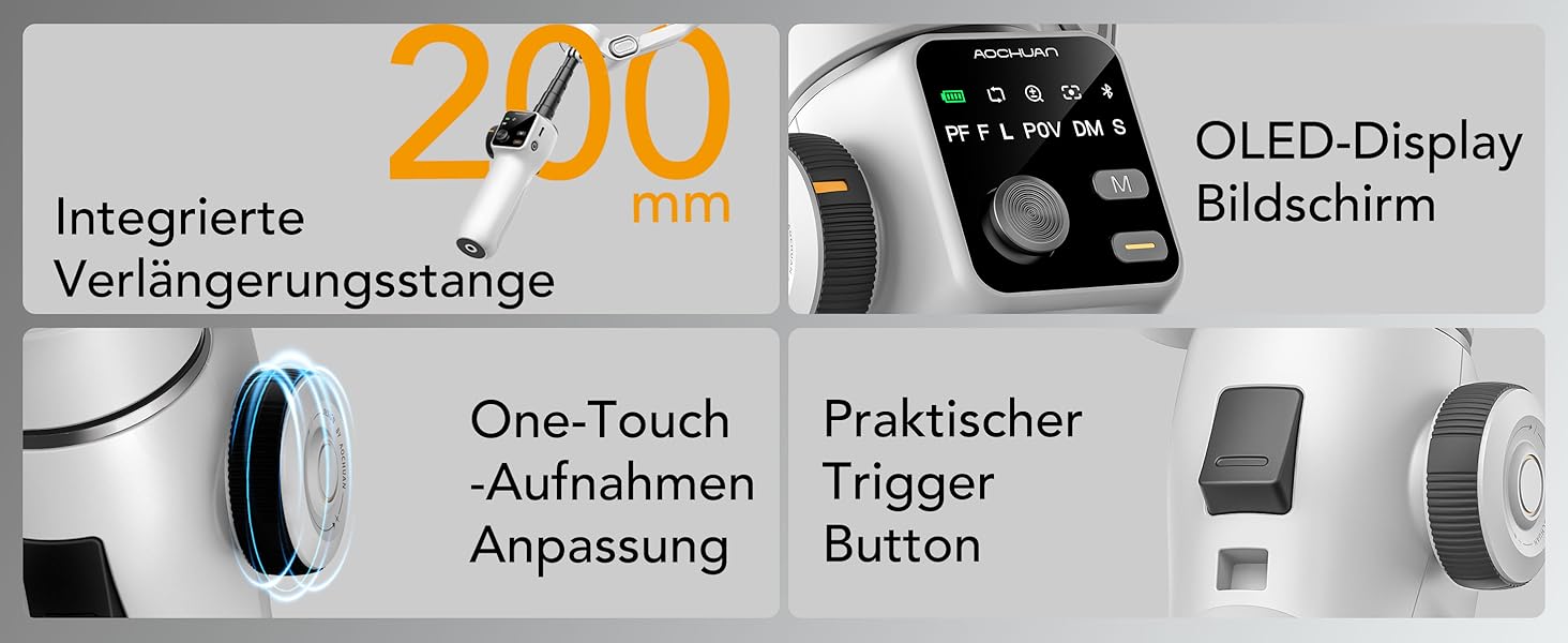 Стабілізатор гіроскоп AOCCHUAN Smart V8 з 7.8-дюймовою штангою, AI-трекінг, OLED-дисплей, кнопка зйомки (Чорний)